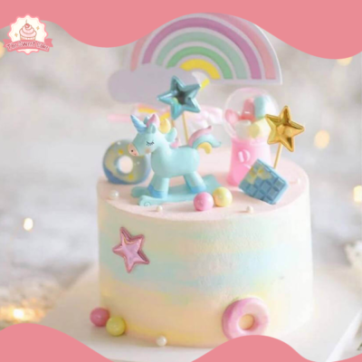 Bánh kem ngựa Unicorn tím, hoa lá xinh tươi cho bé gái cute